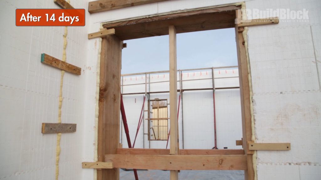 It is preferable for vertical bracing in door and windows to stay in place as long as possible but they can come down after 14 days if necessary