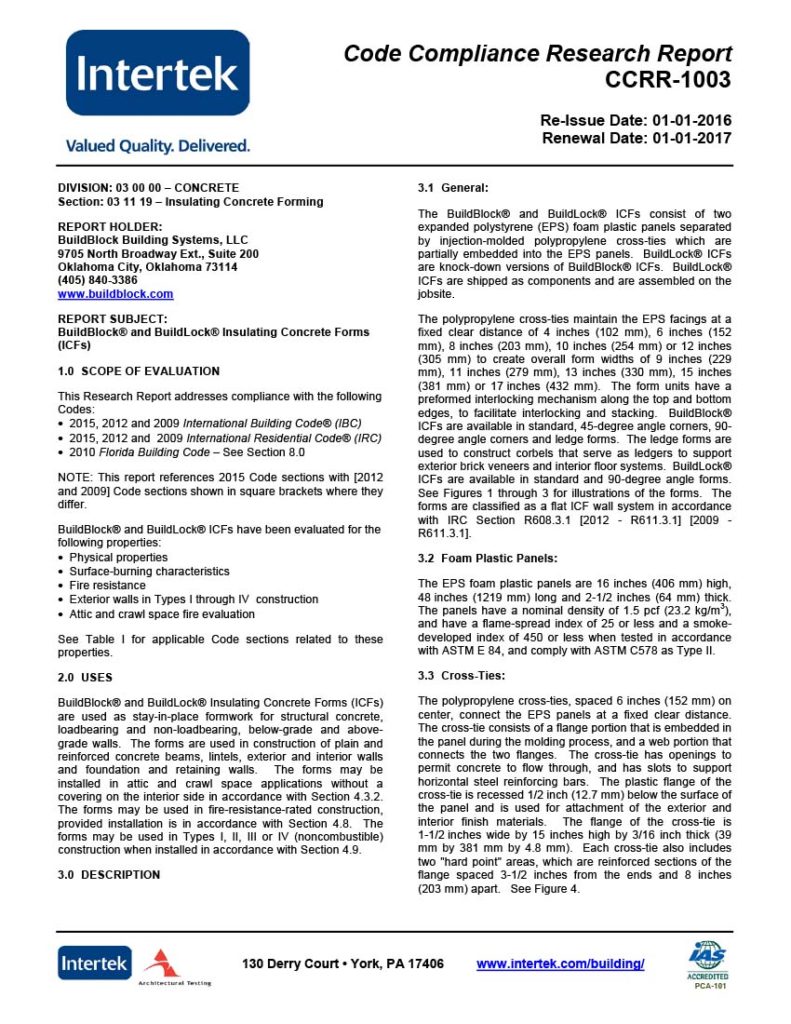 Intertek Code Compliance Research Report CCRR-1003