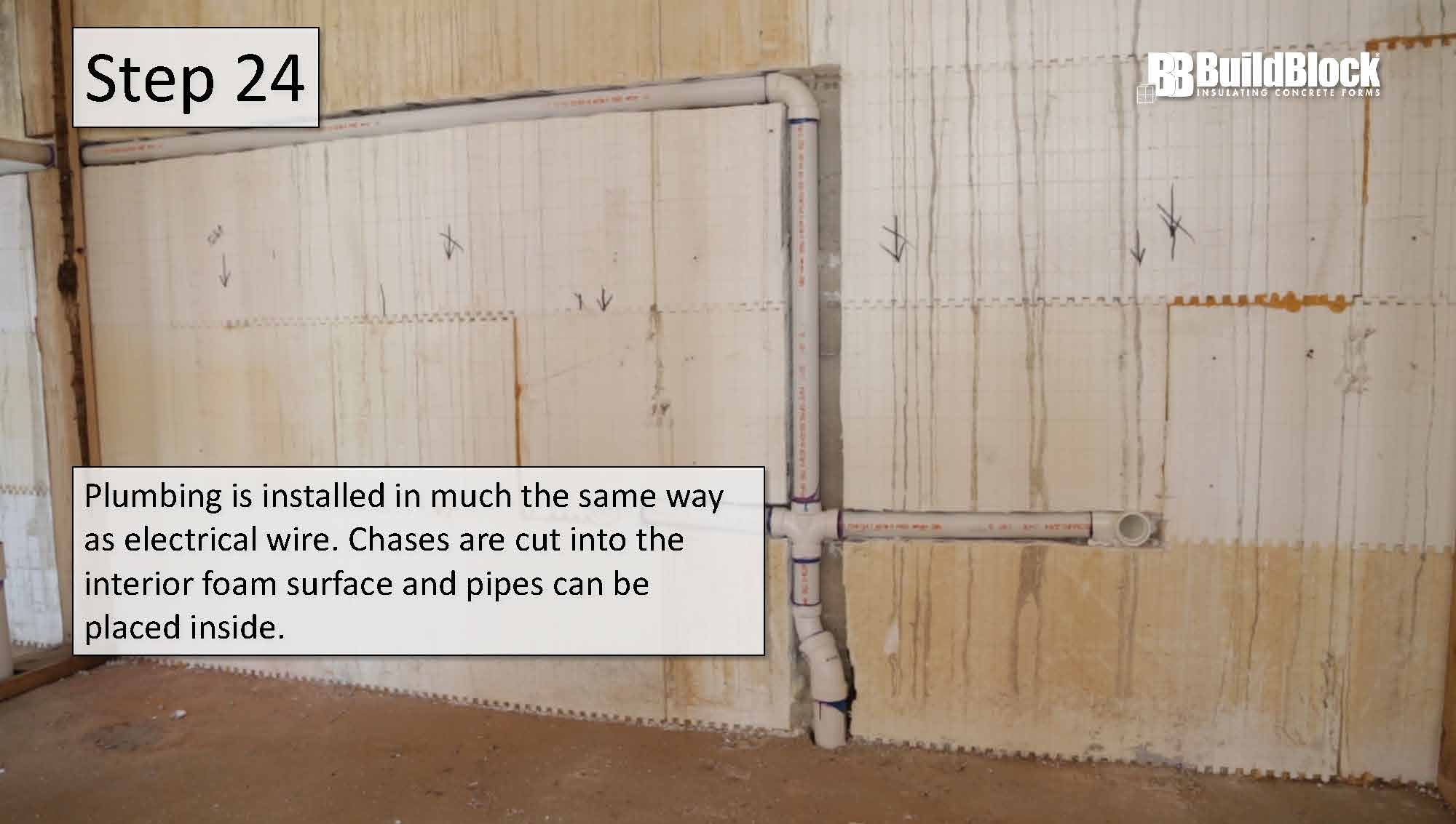 Step 24: Plumbing is installed in much the same way as electrical wire. Chases are cut into the interior foam and pipes can be placed inside.