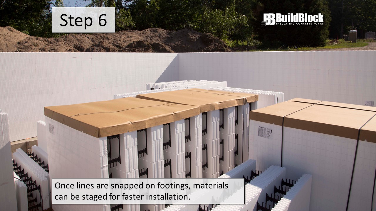 Step 6: Once lines are snapped on footings, material can be staged for faster installation.