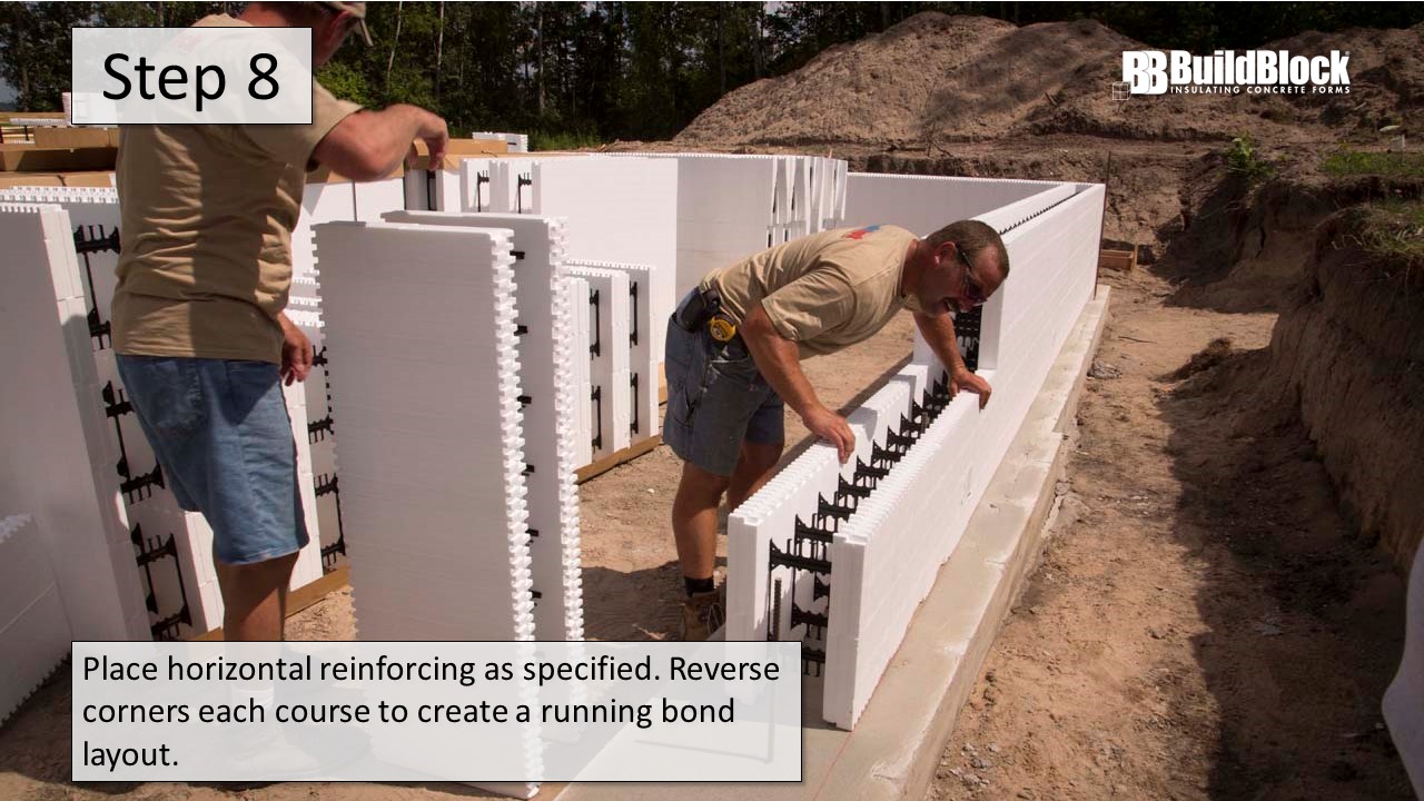 Step 8: Place horizontal reinforcing as specified. Reverse corners each course to create a running bond layout.